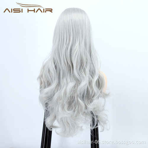 Aisi Hair New Design Vendor Cosplay Curly Long Wavy Body Wave Grey Lace Frontal Synthetic Hair For Black Women Lace Front Wig